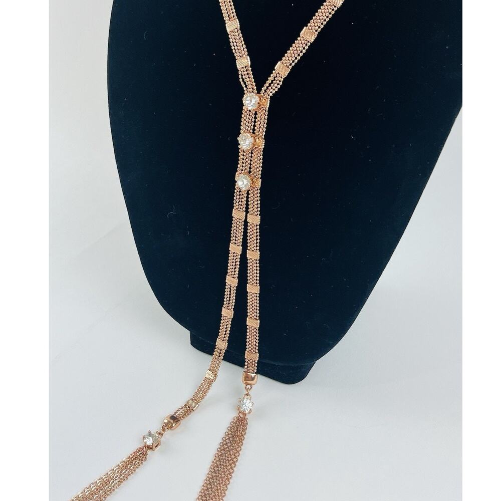 Rose Gold Rhinestone Lariat Necklace Womens Necktie Statement Y Drop Belt Tassle